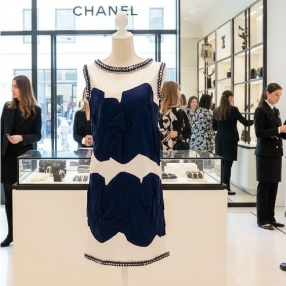 CHANEL Dresses & Skirts - Chanel Blue and White Braided Boarder Dress